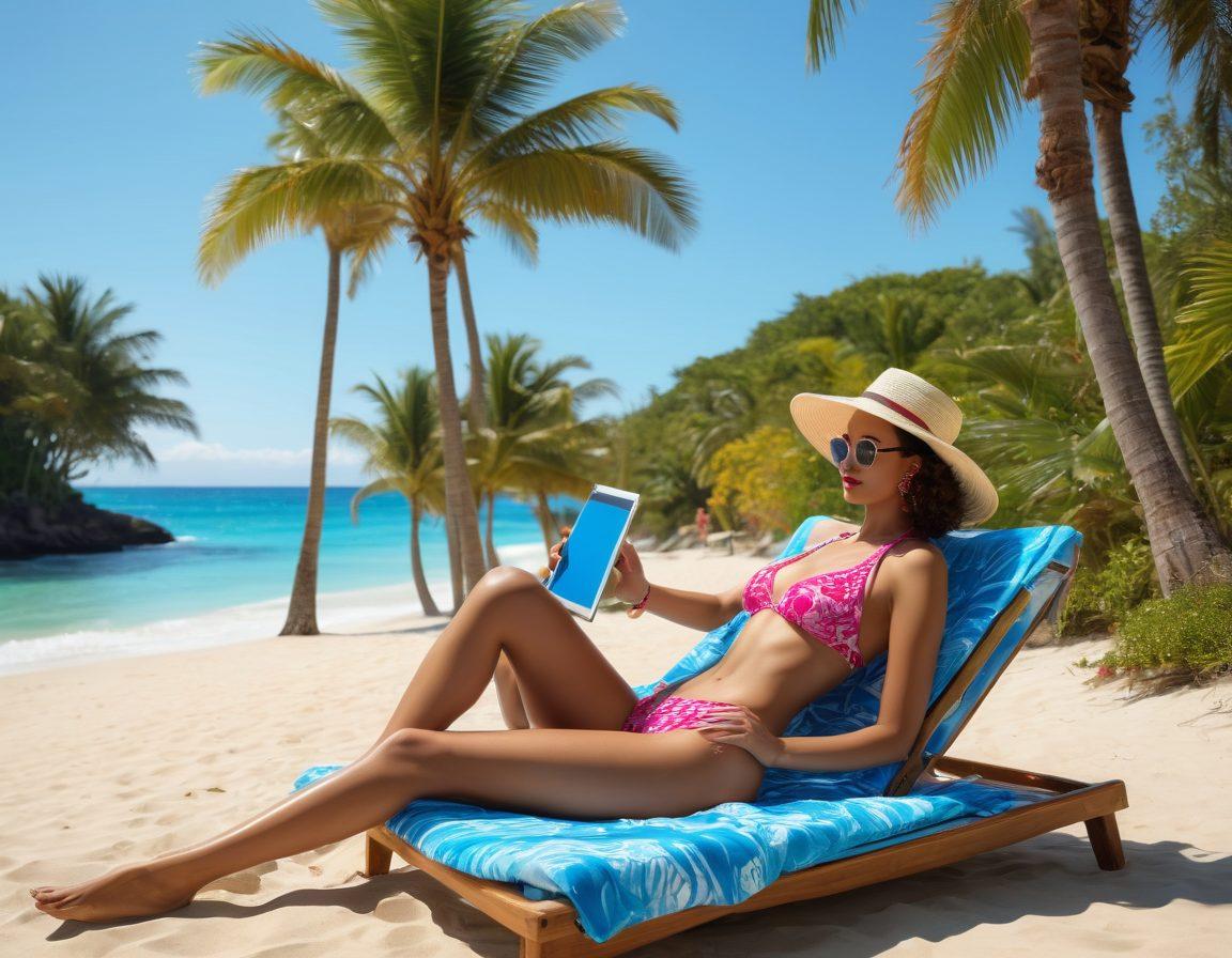 A vibrant beach scene showcasing diverse bikinis on stylish mannequins under a clear blue sky, surrounded by tropical palm trees and colorful beach towels. Emphasize a digital tablet on a sun lounger, with the screen displaying a chic summer swimwear guide. Include splashes of ocean waves in the background to create a dynamic atmosphere. bright colors. 3D. summer vibes.