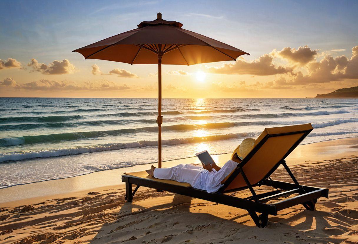 A serene beach setting with a comfortable sun lounger and a person relaxing under a large umbrella, immersed in a captivating e-book on a tablet. The sun is setting, casting warm golden hues across the sky and water, while vibrant beach accessories like a straw hat and sunglasses adorn the scene. Distant waves gently lap at the shore, completing this idyllic moment of relaxation and reading. super-realistic. vibrant colors. 3D.