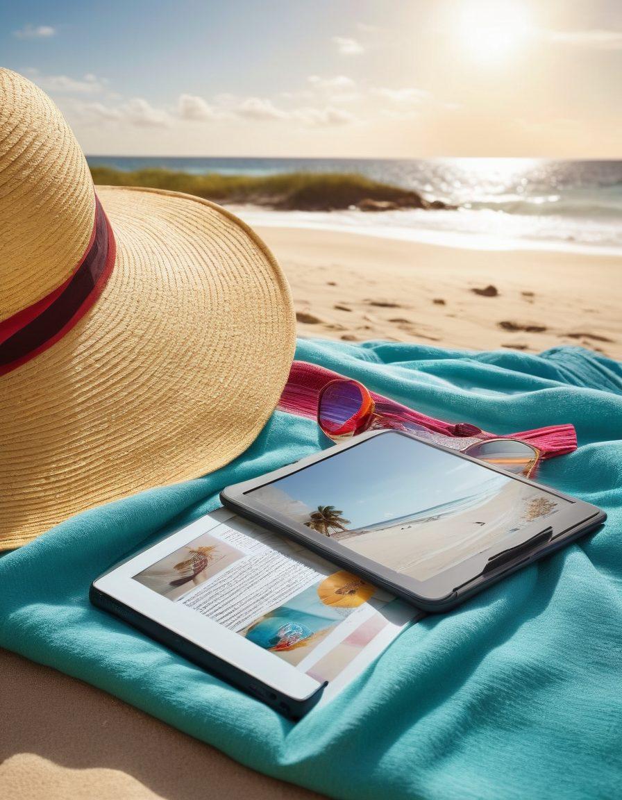 A stylish beach scene featuring an array of fashionable beach outfits laid out on colorful towels, with a digital e-reader displaying fashionable literature in the foreground. The background showcases a sparkling ocean and soft golden sand, while sun hats, sunglasses, and beach accessories are scattered around. The overall vibe is playful and vibrant, embodying the essence of a perfect beach day. bright colors. tropical theme. super-realistic.